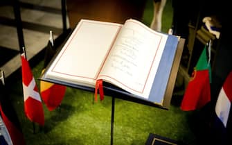 A picture taken on April 28, 2017 at the Royal Palace in Amsterdam, shows the Treaty of Maastricht during a press preview of an exhibition to celebrate the 50th birthday of the Dutch King Willem-Alexander. / AFP PHOTO / ANP / Remko de Waal / Netherlands OUT        (Photo credit should read REMKO DE WAAL/AFP via Getty Images)