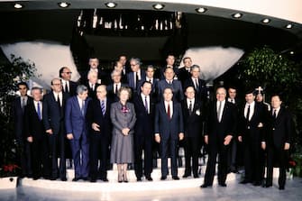 Leaders of the European Community pose on December 02, 1985 in Luxembourg before reaching the basis of a political agreement on Single European Act (Acte Unique Europeen)  at the European Council held in Luxembourg on 3 December 1985. The Single European Act (SEA) was the first major revision of the 1957 Treaty of Rome. The Act set the European Community an objective of establishing a Common Market by 31 December 1992, and codified European Political Cooperation, the forerunner of the European Union's Common Foreign and Security Policy. It was signed at Luxembourg on 17 February 1986, and at The Hague on 28 February 1986. It came into effect on 1 July 1987, under the Delors Commission.
Personalities on the picture: Bettino Craxi (IT, 3rd-L), Margaret Thatcher (UK), François Mitterrand (FR-C), Helmut Kohl (GER, 3rd-R) and Jacques Delors (EU-R) AFP PHOTO MARCEL MOCHET (Photo by MARCEL MOCHET / AFP)        (Photo credit should read MARCEL MOCHET/AFP via Getty Images)