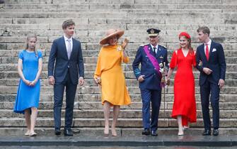 epa10083647 King Philippe (3-R) and Queen Mathilde (3-L) of Belgium, along with (L-R) Princess Eleonore, Prince Gabriel, Princess Elisabeth, the Duchess of Brabant, and Prince Emmanuel, leave after attending the 'Te Deum' mass at the St. Michael and St. Gudula Cathedral marking the Belgian National Day, in Brussels, Belgium, 21 July 2022. The Belgian National Day celebrated annually on 21 July marks the day that King Leopold I of Saxe-Coburg-Saalfeld took the oath as first king of the Belgians in 1831.  EPA/STEPHANIE LECOCQ