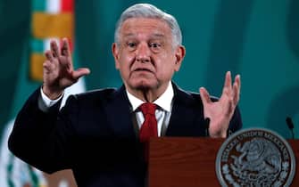 epa09513496 Mexican President Andres Manuel Lopez Obrador speaks during a press conference at the National Palace in Mexico City, Mexico, 08 October 2021. Lopez Obrador extended this Friday during a meeting with the Secretary of State of the United States, Antony Blinken, an invitation for US President Joe Biden to visit Mexico 'when he can.'  EPA/MARIO GUZMAN