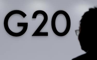OSAKA, JAPAN - JUNE 29: The logo of G20 is seen prior to the second day of the G20 summit in Osaka, Japan on June 29, 2019. (Photo by Metin Aktas/Anadolu Agency/Getty Images)