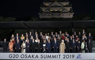 Leaders and their guests pose for a group photo as part of the G-20 summit cultural event at Osaka Castle in Osaka, Japan, Friday, June 28, 2019. ANSA/FILIPPO ATTILI/US PALAZZO CHIGI ++ NO SALES, EDITORIAL USE ONLY ++