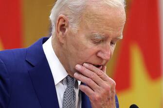 VIETNAM USA DIPLOMACY epa10852474 US President Joe Biden gestures during a press briefing at the headquarters of CPV Central Committee in Hanoi, Vietnam, 10 September 2023. Biden is on an official two-day visit to Vietnam. EPA/LUONG THAI LINH / POOL