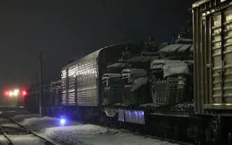 RUSSIA - FEBRUARY, 2022: Pictured in this video screen grab is a troop train carrying military hardware of Russian Army Western Military District tank army units from recent routine drills to a permanent deployment site in the Nizhny Novgorod Region. Video grab. Best possible quality. Russian Defence Ministry/TASS/Sipa USA
