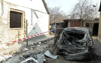KYIV, UKRAINE - MARCH 23, 2022 - A car destroyed in the result of shelling by the Russian troops, Kyiv, capital of Ukraine