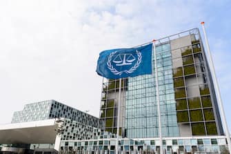 Den Haag, Netherlands, 29.03.2022:  Flag with the logo of the of the International Criminal Court (ICC) on March 29, 2022 in Den Haag, Netherlands. (Photo by Alex Gottschalk/DeFodi Images via Getty Images)