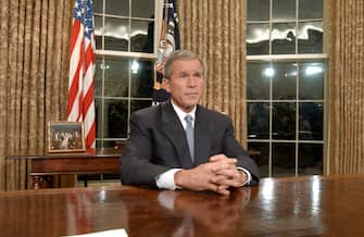 President George W. Bush addresses the nation from the White House following the terrorist attacks on the World Trade Center and the Pentagon.    (Photo by Greg Mathieson/Mai/Getty Images)