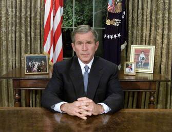 394274 06: (US NEWS, NEWSWEEK, GERMANY OUT) U.S. President George W. Bush sits at his desk in the Oval Office after addressing the nation about the terrorist attacks on New York and Washington, DC September11, 2001 in Washington, DC. (Photo by Mark Wilson/Getty Images)