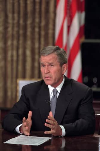 President George W. Bush delivers his Address to the Nation Tuesday, Sept. 11, 2001, from the Oval Office.  Photo by Paul Morse, Courtesy of the George W. Bush Presidential Library/Getty Images 