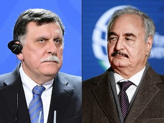 (COMBO) This combination of pictures created on April 08, 2019 shows Libya's Prime Minister Fayez al-Sarraj (L) attending a press conference at the Chancellery in Berlin on December 7, 2017 and Self-proclaimed Libyan National Army (LNA) Chief of Staff, Khalifa Haftar attending a conference on Libya on November 12, 2018 at Villa Igiea in Palermo. - Libya has been mired in chaos since the ouster and killing of dictator Moamer Kadhafi in 2011, with two rival authorities and a multitude of militias vying for control of the oil-rich country. The country's internationally recognised unity government is based in Tripoli and Haftar supports a parallel administration based in the east. (Photos by Maurizio Gambarini and Filippo MONTEFORTE / various sources / AFP)        (Photo credit should read MAURIZIO GAMBARINI,FILIPPO MONTEFORTE/AFP via Getty Images)