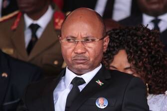 Burundi's new prime minister Alain-Guillaume Bunyoni attends the national funeral of late Burundi President Pierre Nkurunziza, who died at the age of 55, at the Ingoma stadium in Gitega, Burundi, on June 26, 2020. (Photo by TCHANDROU NITANGA / AFP) (Photo by TCHANDROU NITANGA/AFP via Getty Images)