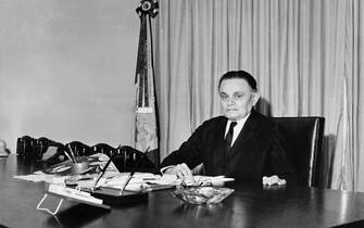 Brazilian President Marshal Humberto de Alencar Castelo Branco poses in his office in April 1964 in Brasilia. (Photo by - / AFP)        (Photo credit should read -/AFP via Getty Images)