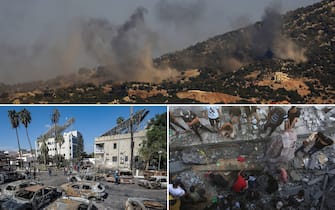 Collage di foto della guerra tra Israele e Hamas, con distruzioni e bombardamenti