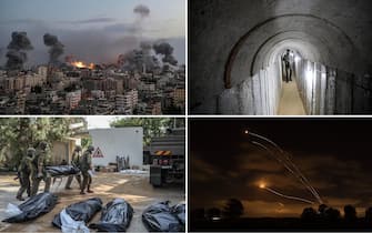 Collage di foto della guerra tra Israele e Hamas, con kibbutz, tunnel sotto Gaza, missili e Iron Dome