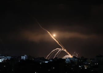 GAZA CITY, GAZA - MAY 15: Rockets are being fired from Gaza targeting Israeli cities in response to Israeli airstrikes on the Gaza Strip, on May 15, 2021. (Photo by Mustafa Hassona/Anadolu Agency via Getty Images)