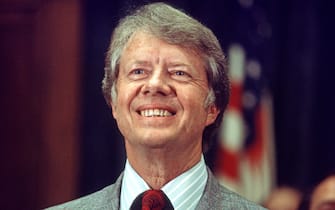 Governor Jimmy Carter (Democrat of Georgia), a candidate for the 1976 Democratic nomination for President of the United States, speaks before US House members and employees in the Rayburn House Office Building in Washington, DC on May 15, 1976.
Credit: Arnie Sachs / CNP