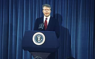 United States President Jimmy Carter conducts his second nationally televised press conference from the White House complex in Washington, DC on Wednesday, February 23, 1977.
Credit: Arnie Sachs / CNP/Sipa USA