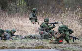 KALININGRAD REGION, RUSSIA - APRIL 20, 2022: Servicemen take part in military exercises for infantry units of the Russian Baltic Fleet to practise eliminating subversive groups. Vitaly Nevar/TASS/Sipa USA