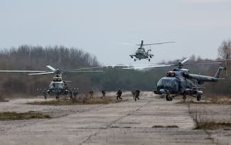 KALININGRAD REGION, RUSSIA - APRIL 20, 2022: Mil Mi-8 helicopters take part in military exercises for infantry units of the Russian Baltic Fleet to practise eliminating subversive groups. Vitaly Nevar/TASS/Sipa USA