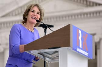 ARLINGTON, VA - JUNE 06:  Kathleen Kennedy Townsend delivers opening remarks during a Remembrance and Celebration of the Life & Enduring Legacy of Robert F. Kennedy event taking place at Arlington National Cemetery on June 6, 2018 in Arlington, Virginia.  (Photo by Leigh Vogel/Getty Images for RFK Human Rights)