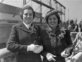 (Original Caption) Misses Eunice, (L), and Rosemary Kennedy, daughters of the U. S. Ambassador to the Court of St. James, Joseph P. Kennedy and Mrs. Kennedy, are pictured aboard the S. S. Manhattan, sailing from New York on April 20, 1938, to join their parents in London.