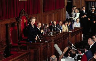 (Original Caption) 6/10/1983- London, England- Britain's re-elected Prime Minister Margaret Thatcher addressing Conservatice Party at party headquarters after winning the General Election.