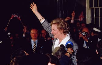 Margaret Thatcher becomes the first 20th century British prime minister to serve three consecutive terms of office, on election night 1987 in her London constituency of Finchley.   (Photo by Hulton Archive/Getty Images)