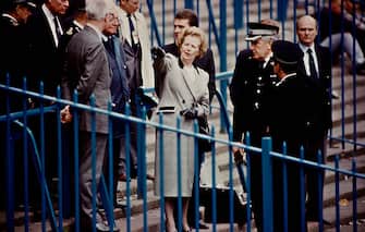 Prime Minister of the United Kingdom, Margaret Thatcher (1925 - 2013), visiting Hillsborough Stadium the day after the stampede which resulted in the deaths of 96 people, Sheffield, 16th April 1989. (Photo by Derek Hudson/Getty Images)