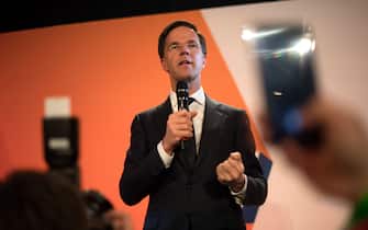 THE HAGUE, NETHERLANDS - MARCH 15:  Dutch Prime Minister Mark Rutte makes a speech following his victory in the Dutch general election on March 15, 2017 in The Hague, Netherlands. Dutch voters have gone to the polls in one of the most tightly contested general elections in recent years.  (Photo by Carl Court/Getty Images)