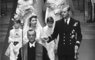 20th November 1947:  Princess Elizabeth and Prince Philip make their way down the aisle of Westminster Abbey, London, on their wedding day. Original Publication: Picture Post - 4438 - Royal Wedding - pub. 1947  (Photo by Bert Hardy/Picture Post/Getty Images)