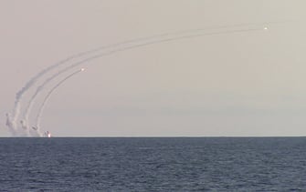 UKRAINE - APRIL 27, 2022: The crew of a Russian Black Sea Fleet frigate fires a salvo of four 3M-54 Kalibr cruise missiles from the Black Sea to hit the assigned Ukrainian ground military targets. Russian Defence Ministry/TASS/Sipa USA