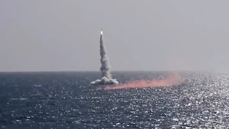 SEA OF JAPAN, RUSSIA - APRIL 13, 2022: The B-274 Petropavlovsk-Kamchatsky and the B-603 Volkhov diesel electric submarines of the Russian Pacific Fleet have performed successful launches of Kalibr cruise missiles in the Sea of Japan to hit sea targets. Russian Defence Ministry/TASS/Sipa USA