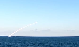 RUSSIA - FEBRUARY, 2022: Pictured in this video screen grab is a Kalibr cruise missile launched in the Black Sea. Video grab. Best possible quality. Russian Defence Ministry/TASS/Sipa USA