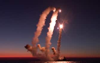 UKRAINE – MARCH, 2022: Pictured in this video grab is the launch of Kalibr cruise missiles by a Russian Navy guided missile corvette in the Black Sea during a high-precision strike on Ukrainian military facilities located in the Zhitmomir Region. Video grab. Best possible quality. Russian Defence Ministry/TASS/Sipa USA