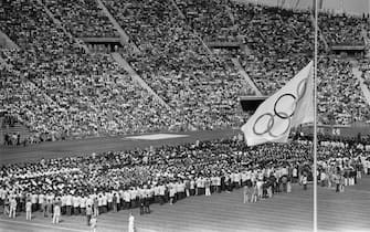 6th September 1972:  The Olympic flag flying at half-mast in the Olympic Stadium in Munich during the memorial service for the Israeli athletes who were killed by Arab terrorists the previous day.  (Photo by Keystone/Getty Images)