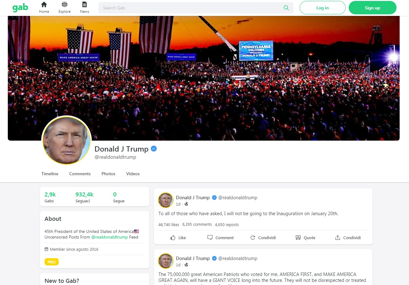 Screen del profilo dell'ex presidente americano Donald Trump sulla piattaforma Gab
