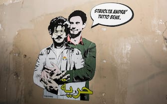 Last night in Rome, on the wall surrounding Villa Ada, a few steps from the Embassy of Egypt, appeared a work of the Street Artist Laika that portrays Giulio Regeni embracing the student arrested in Egypt Zaki, wearing an inmate uniform. In front of the two figures is the word "Freedom" written in Arabic. In the opera, Regeni reassures Zaki, telling him: "This time everything will be fine", Rome, Italy, 11 February 2020. The murder of Giulio Regeni was committed in Egypt between January and February 2016. Regeni was an Italian student at the University of Cambridge who was abducted on 25 January 2016, the fifth anniversary of the Tahrir Square protests. He was found lifeless on 03 February in the vicinity of an Egyptian secret service prison. ANSA / Alessandra Magliaro