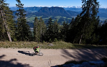KUFSTEIN, AUSTRIA - SEPTEMBER 22: Mountainbike and hiking tour to the mountainhut Pendlinger Huette with a view on the Kaiser mountains, the river Inn, Inntal valley on September 22, 2011 in Kufstein, Austria.  (Photo by EyesWideOpen/Getty Images)