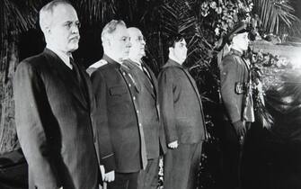 Funeral of Joseph Stalin, Moscow, USSR, March 1953. Present (from left to right) are Soviet Foreign Minister Vyacheslav Molotov (1890-1986), Chairman of the Presidium of the Supreme Soviet Kliment Voroshilov (1881-1969), Minister for Internal Affairs Lavr (Photo by Fine Art Images/Heritage Images/Getty Images)