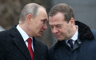 MOSCOW, RUSSIA- NOVEMBER, 4 (RUSSIA OUT) Russian President Vladimir Putin (L) and Prime Minister Dmitry Medvedev (R) attend the unveilng ceremony of the monument to Vladimir The Great on the National Unity Dat outside of the Kremlin, Moscow, Russia, on November, 4, 2016. (Photo by Mikhail Svetlov/Getty Images)
