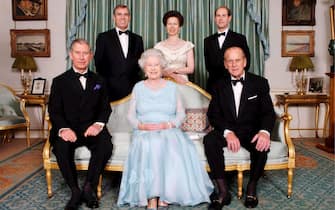 epa09123964 (FILE) - A picture dated 18 November 2007 shows (front) Britain's Queen Elizabeth II (C) and Prince Philip, Duke of Edinburgh (R) and Prince Charles (L), (back L- R) Prince Andrew, Princess Anne and Prince Edward at Clarence House during a dinner hosted by the Prince of Wales and the Duchess of Cornwall to mark the forthcoming Diamond Wedding Anniversary of The Queen and The Duke in London, Britain  (reissued 09 April 2021. According to the Buckingham Palace, Prince Philip has died aged 99.  EPA/TIM GRAHAM / POOL   NO SALES