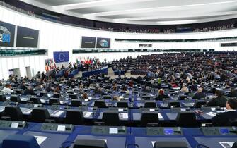 epa10362178 A general view on the plenary hall at the start of the session of the European Parliament in Strasbourg, France, 12 December 2022. Belgian federal prosecutor said in a statement four of six people within the European Parliament were detained on 09 December and have been charged with 'participation in a criminal organization, money laundering and corruption' and remanded in custody. Greek MEP and European Parliament Vice President Eva Kaili has reportedly been among those arrested in an investigation into suspected bribery by a Gulf state.  EPA/JULIEN WARNAND