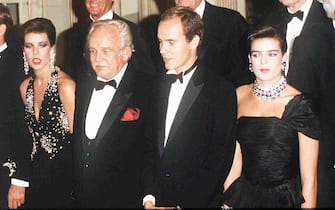The Monegasque royal family visit Los Angeles, 1997. From left to right, Princess Caroline, Prince Rainier, Prince Albert and Princess Stephanie.  (Photo by Kypros/Getty Images)