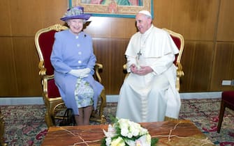 Photo Must Be Credited ©Alpha Press 073074 03/04/2014
Pope Francis welcomes Queen Elizabeth II for a private audience in the Pope's study inside the Paul VI Hall during their one-day visit to Rome on April 3, 2014 in Vatican City, Vatican. During their brief visit The Queen and the Duke of Edinburgh will have lunch with Italian President Giorgio Napolitano and an audience with Pope Francis at the Vatican. The Queen was originally due to travel to Rome in April 2013 but the visit was postponed due to her ill health. The audience with Pope Francis will be the fifth meeting The Queen, who is head of the Church of the England, has held with a Pope in the Vatican.

*** No UK Rights Until 28 Days from Picture Shot Date ***
