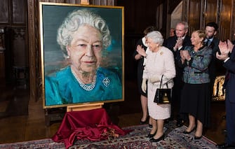 LONDON, ENGLAND - NOVEMBER 08:  (L-R) Queen Elizabeth II, Martin McGuinness, Deputy First Minister of Northern Ireland, and Frances Fitzgerald, Minister of Justice and Equality Gov of Ireland, attend a Co-Operation Ireland Reception at Crosby Hall on November 8, 2016 in London, England.  During the reception The Queen unveiled a portrait of herself by artist Colin Davidson  (Photo by Jeff Spicer - WPA Pool/Getty Images)