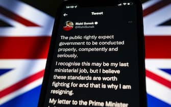 Rishi Sunak's (@rishisunak) Twitter account displayed on a smartphone backdropped by cropped waving flag of the United Kingdom (UK). Rishi Sunak has announced his resignation as Chancellor of the Exchequer. 

Credit Image: Andre M. Chang/ZUMA Press Wire



Pictured: GV,General View

Ref: SPL5324178 050722 NON-EXCLUSIVE

Picture by: Zuma / SplashNews.com



Splash News and Pictures

USA: +1 310-525-5808
London: +44 (0)20 8126 1009
Berlin: +49 175 3764 166

photodesk@splashnews.com



World Rights, No Argentina Rights, No Belgium Rights, No China Rights, No Czechia Rights, No Finland Rights, No France Rights, No Hungary Rights, No Japan Rights, No Mexico Rights, No Netherlands Rights, No Norway Rights, No Peru Rights, No Portugal Rights, No Slovenia Rights, No Sweden Rights, No Taiwan Rights, No United Kingdom Rights
