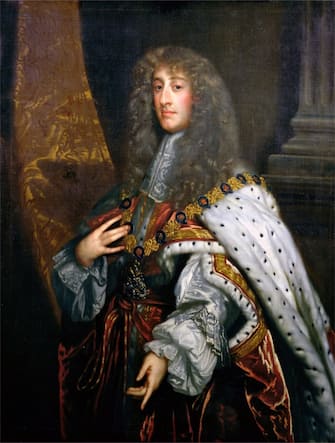 BOL93904 Portrait of James II (1633-1701) in Garter Robes (oil on canvas) by Lely, Peter (1618-80) (school of); 121.5x99.5 cm; © Bolton Museum and Art Gallery, Lancashire, UK; English,  out of copyright