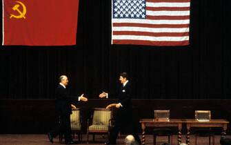 50929488 Soviet Premier Gorbachev and President Reagan stride across the stage towards each other at their first summit in Geneva
Photograph by Dirck Halstead