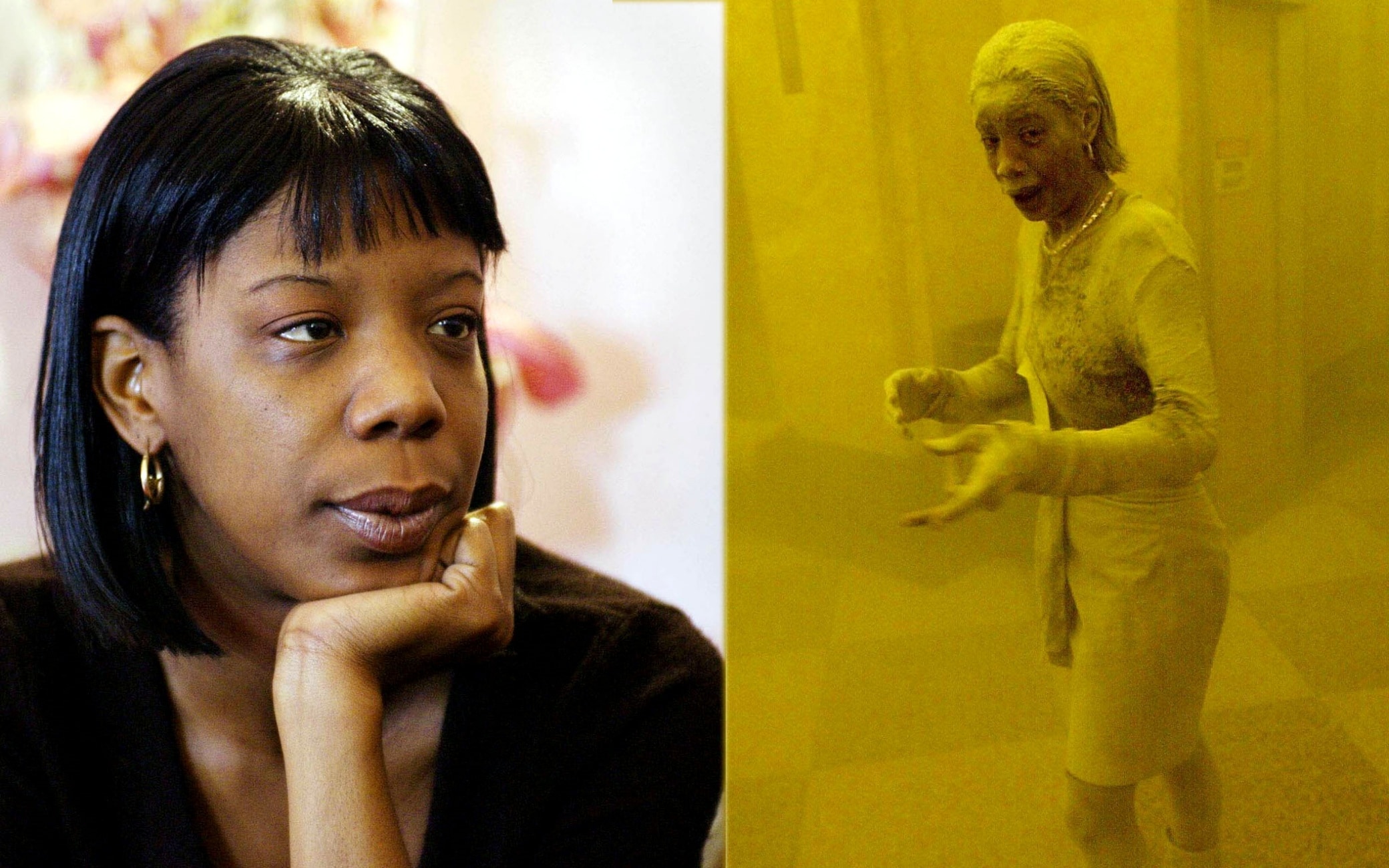 A sinistra la foto simbolo di Marcy Borders ricoperta dalla polvere e a destra una foto scattata l'anno successivo This combo photo shows Marcy Borders 11 September 2001 after the the attacks on the World Trade Center (R) and Borders during an interview in her apartment 08 March, 2002, in Bayonne, New Jersey. She was on the 81st floor of the first tower that was struck. Borders lost her job and has received little in assistance since the attack. US-WTC-THEN AND NOW-MARCY BORDERS AFP PHOTO/Stan HONDA (Photo by STAN HONDA / AFP) (Photo by STAN HONDA/AFP via Getty Images)