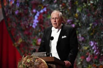 Canadian-American astrophysicist, astronomer, and theoretical cosmologist and co-laureate of the 2019 Nobel Prize in Physics James Peebles gives a speech during a royal banquet to honour the laureates of the Nobel Prize 2019 following the Award ceremony on December 10, 2019 in Stockholm, Sweden. (Photo by Jonathan NACKSTRAND / AFP) (Photo by JONATHAN NACKSTRAND/AFP via Getty Images)